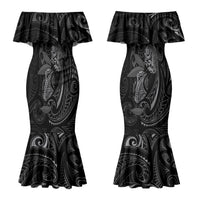 Hawaiian Mango Tribal Tattoo Couples Matching Mermaid Dress and Long Sleeve Button Shirt Black White Pacific Traditional Pattern