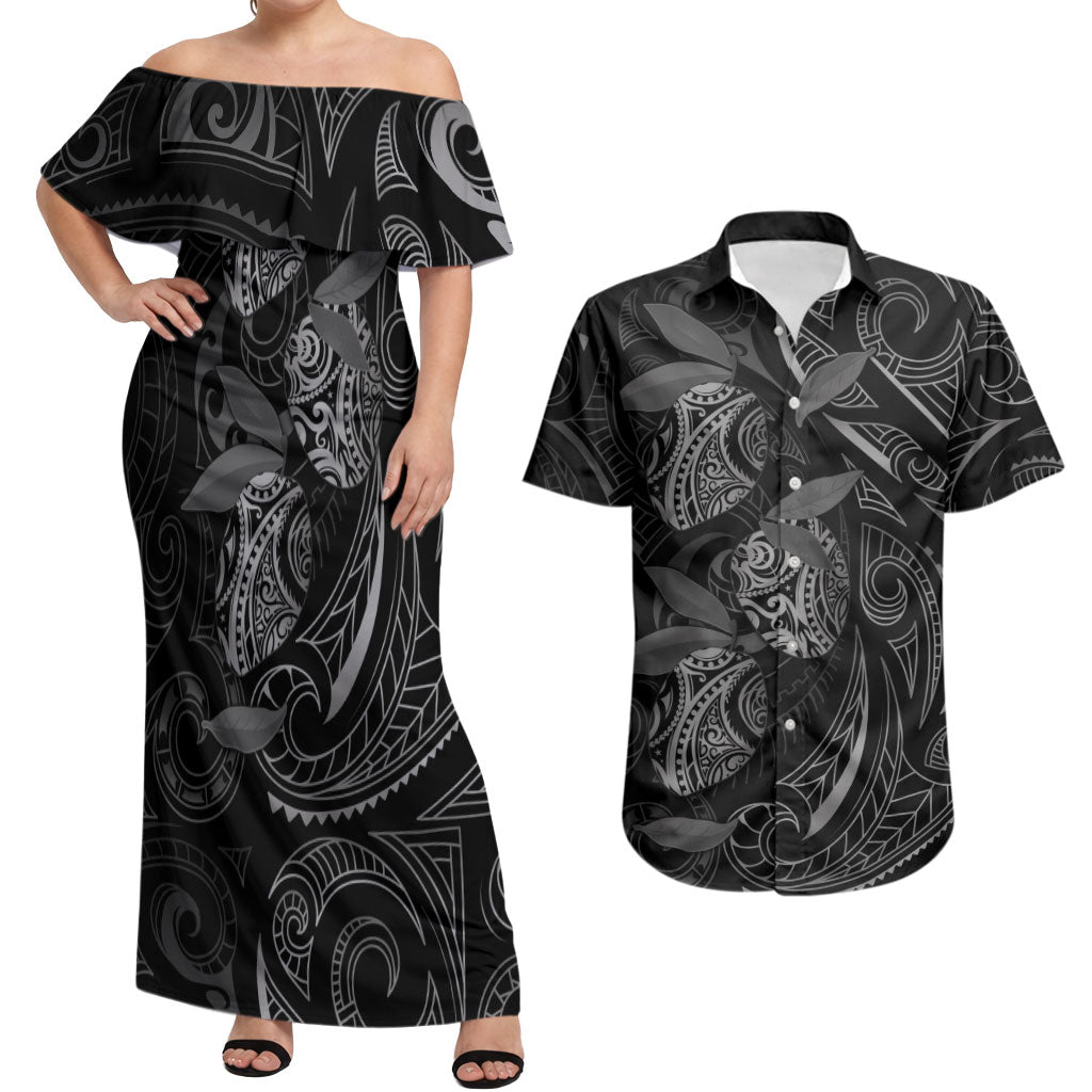 Hawaiian Mango Tribal Tattoo Couples Matching Off Shoulder Maxi Dress and Hawaiian Shirt Black White Pacific Traditional Pattern