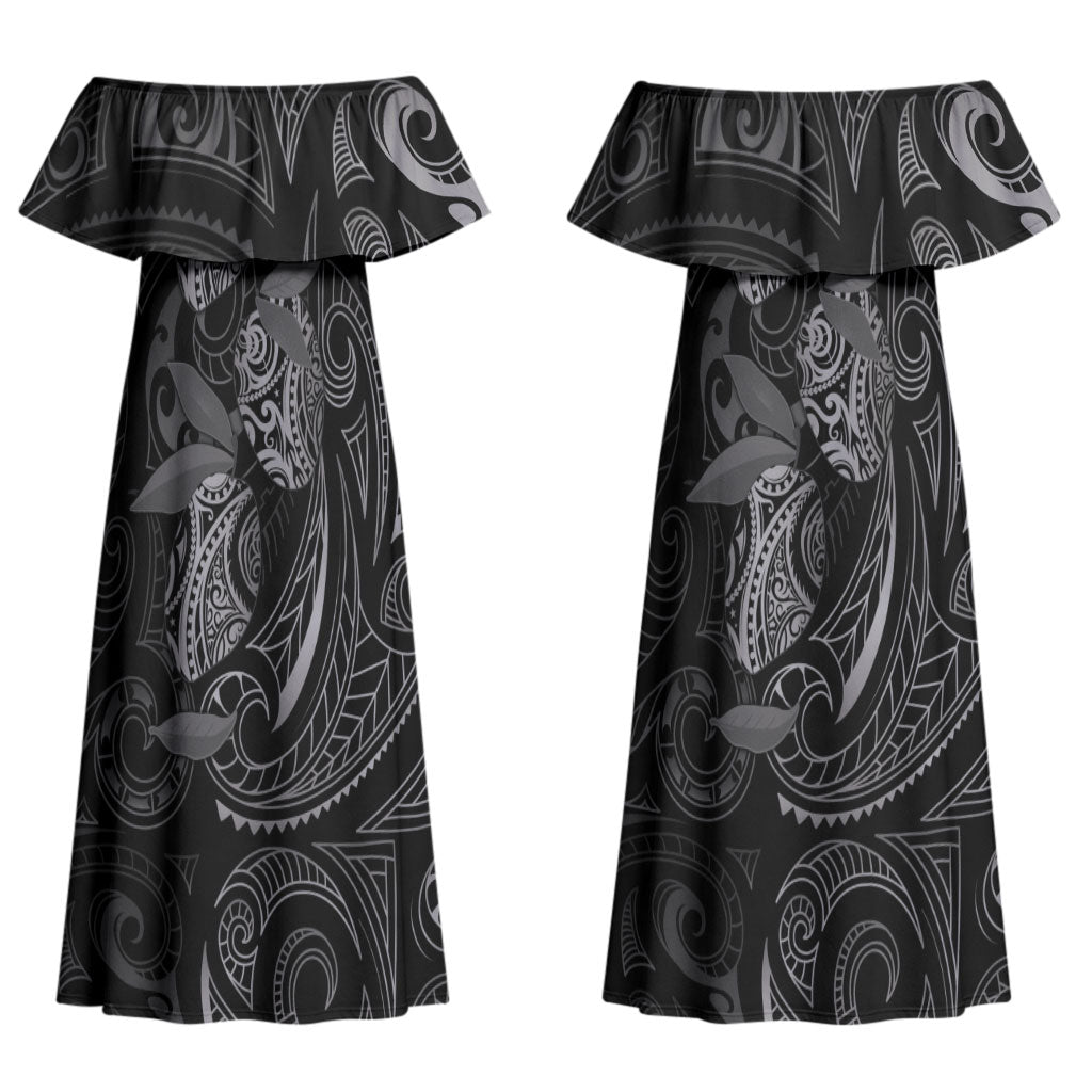 Hawaiian Mango Tribal Tattoo Couples Matching Off Shoulder Maxi Dress and Hawaiian Shirt Black White Pacific Traditional Pattern