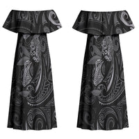 Hawaiian Mango Tribal Tattoo Couples Matching Off Shoulder Maxi Dress and Long Sleeve Button Shirt Black White Pacific Traditional Pattern