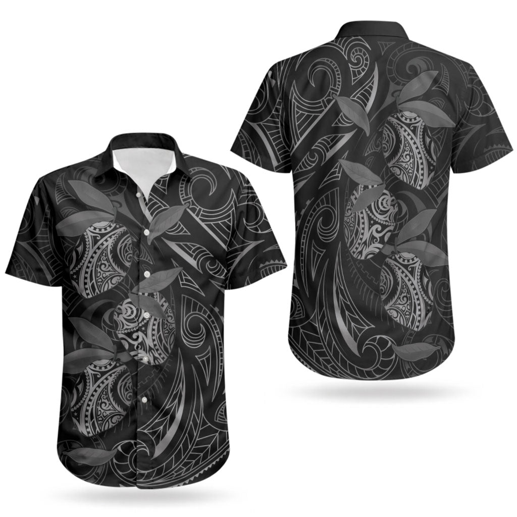 Hawaiian Mango Tribal Tattoo Couples Matching Off The Shoulder Long Sleeve Dress and Hawaiian Shirt Black White Pacific Traditional Pattern