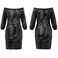 Hawaiian Mango Tribal Tattoo Couples Matching Off The Shoulder Long Sleeve Dress and Long Sleeve Button Shirt Black White Pacific Traditional Pattern