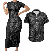 Hawaiian Mango Tribal Tattoo Couples Matching Short Sleeve Bodycon Dress and Hawaiian Shirt Black White Pacific Traditional Pattern