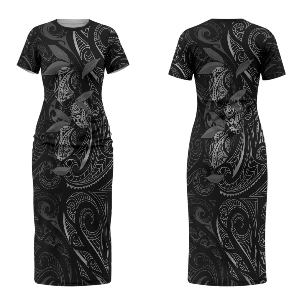 Hawaiian Mango Tribal Tattoo Couples Matching Short Sleeve Bodycon Dress and Hawaiian Shirt Black White Pacific Traditional Pattern