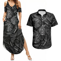 Hawaiian Mango Tribal Tattoo Couples Matching Summer Maxi Dress and Hawaiian Shirt Black White Pacific Traditional Pattern