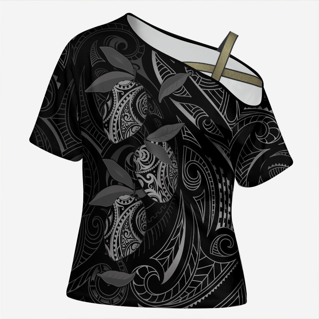 Hawaiian Mango Tribal Tattoo Cross Shoulder Shirt Black White Pacific Traditional Pattern