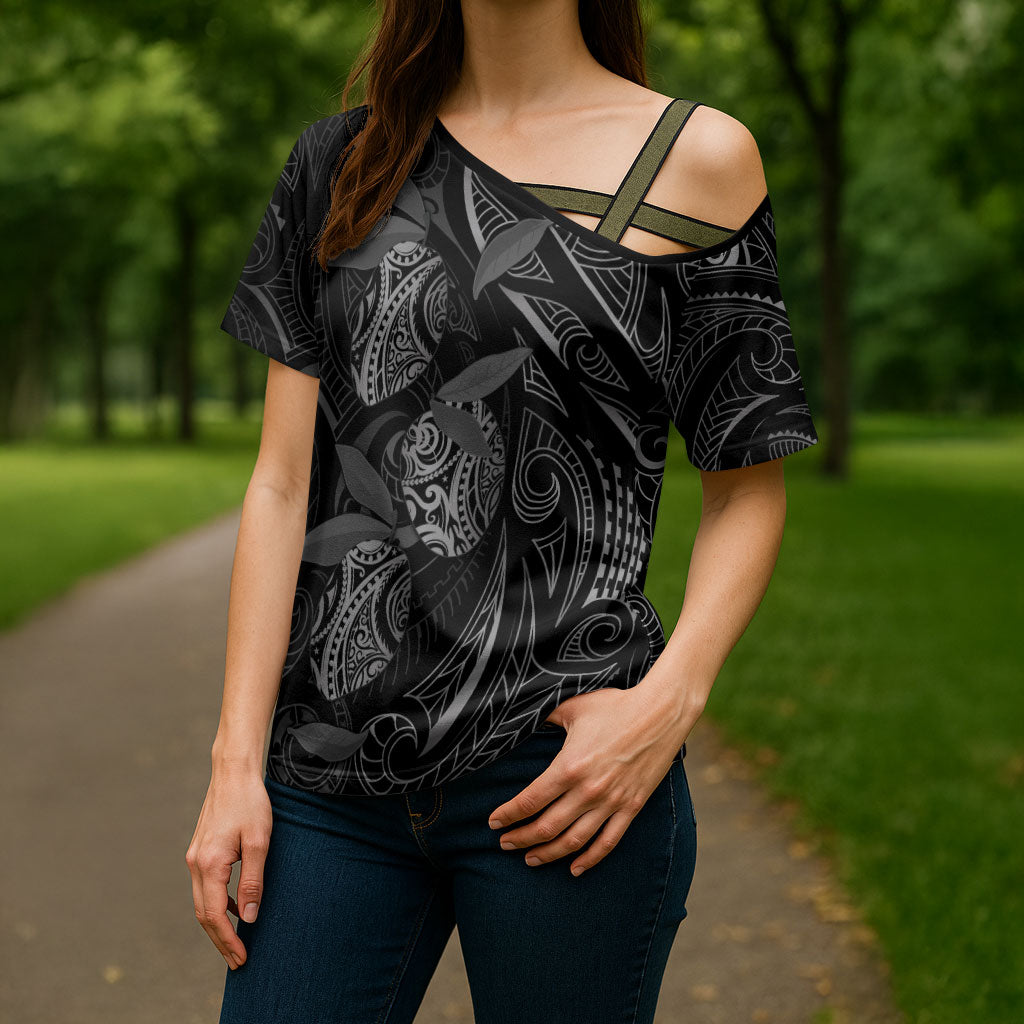 Hawaiian Mango Tribal Tattoo Cross Shoulder Shirt Black White Pacific Traditional Pattern