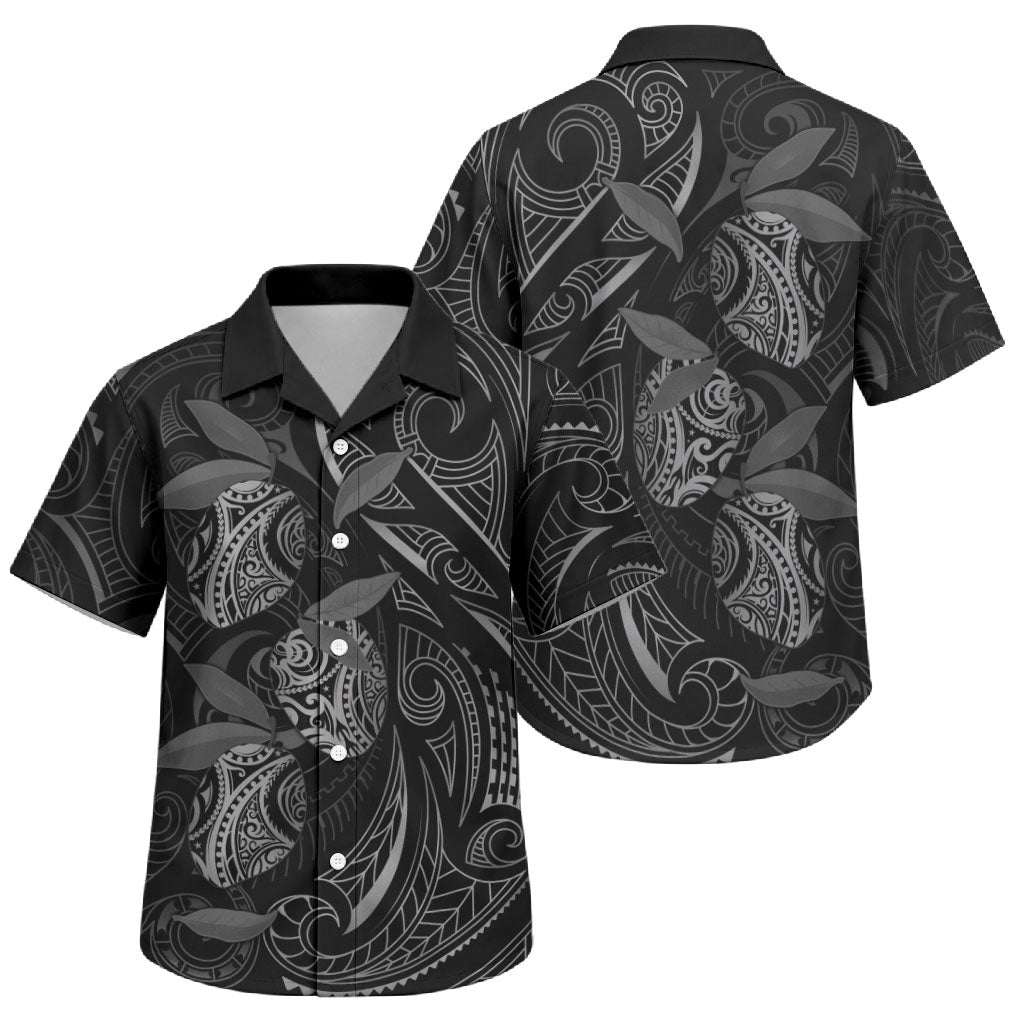 Hawaiian Mango Tribal Tattoo Family Matching Long Sleeve Bodycon Dress and Hawaiian Shirt Black White Pacific Traditional Pattern