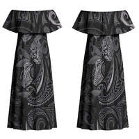 Hawaiian Mango Tribal Tattoo Family Matching Off Shoulder Maxi Dress and Hawaiian Shirt Black White Pacific Traditional Pattern