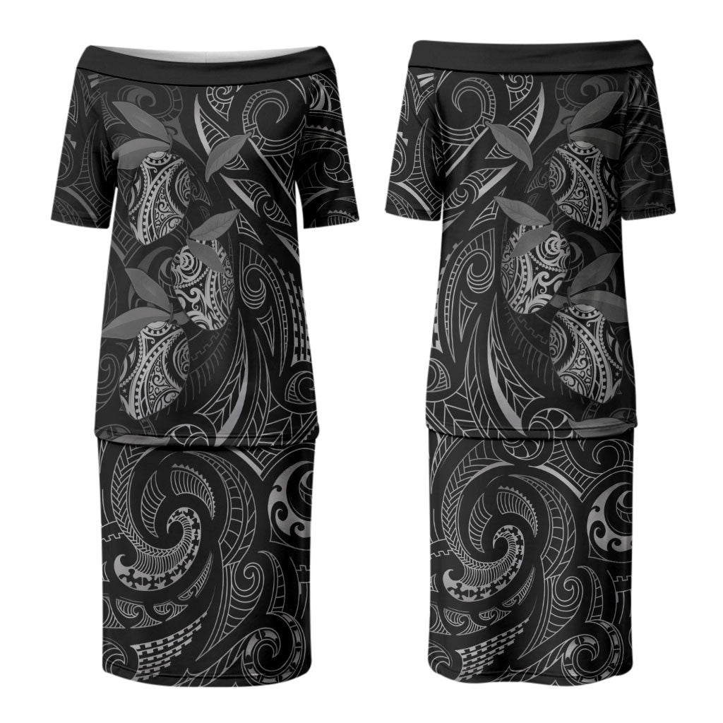 Hawaiian Mango Tribal Tattoo Family Matching Puletasi and Hawaiian Shirt Black White Pacific Traditional Pattern