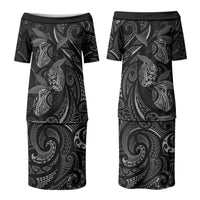 Hawaiian Mango Tribal Tattoo Family Matching Puletasi and Hawaiian Shirt Black White Pacific Traditional Pattern