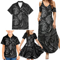 Hawaiian Mango Tribal Tattoo Family Matching Summer Maxi Dress and Hawaiian Shirt Black White Pacific Traditional Pattern