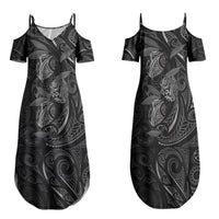 Hawaiian Mango Tribal Tattoo Family Matching Summer Maxi Dress and Hawaiian Shirt Black White Pacific Traditional Pattern
