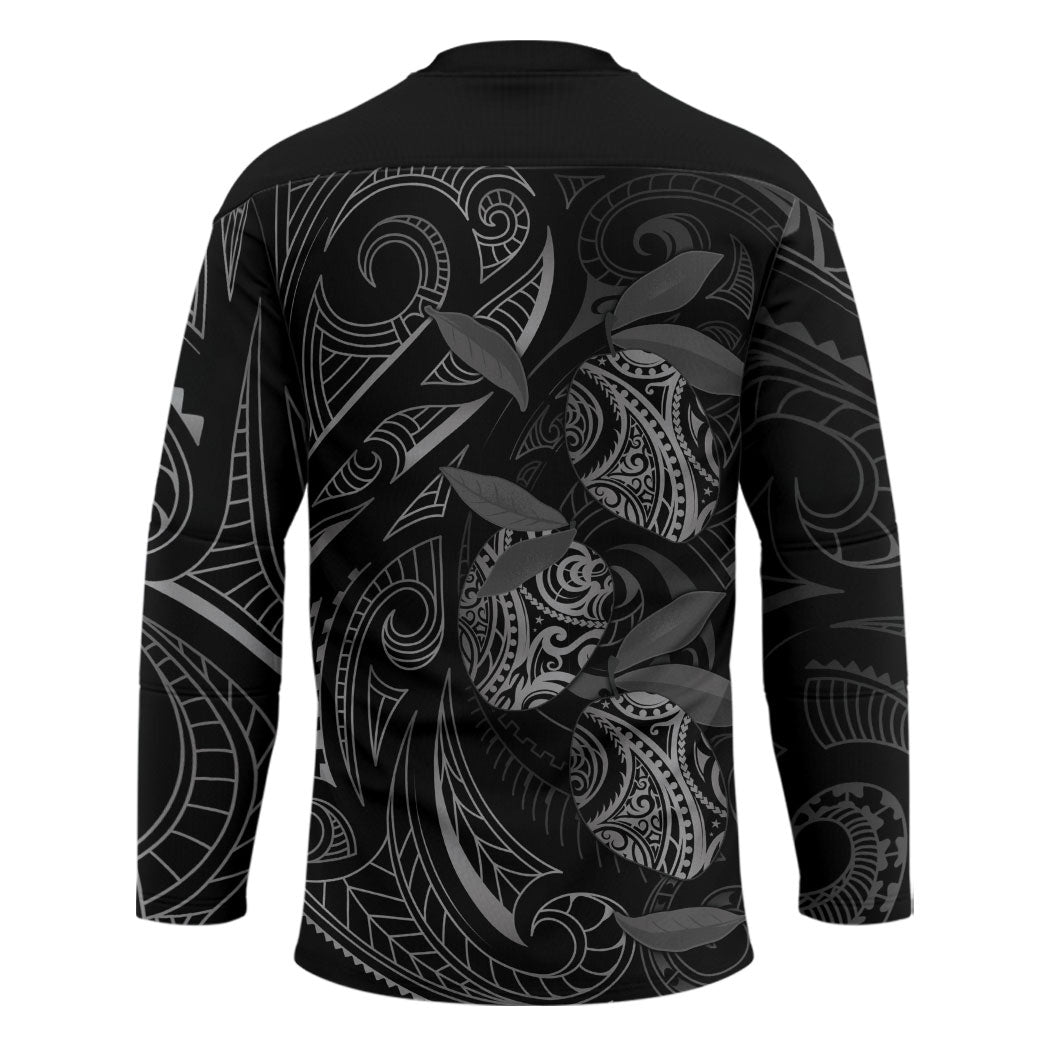 Hawaiian Mango Tribal Tattoo Hockey Jersey Black White Pacific Traditional Pattern