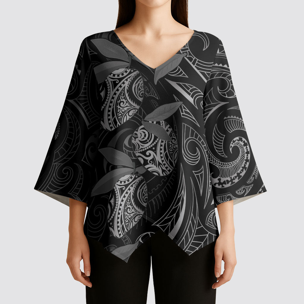 Hawaiian Mango Tribal Tattoo Kimono Sleeve Blouse Black White Pacific Traditional Pattern