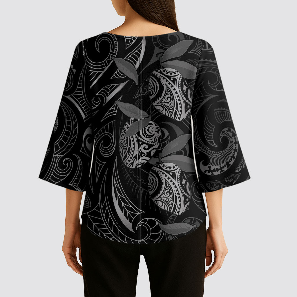 Hawaiian Mango Tribal Tattoo Kimono Sleeve Blouse Black White Pacific Traditional Pattern