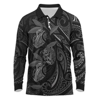 Hawaiian Mango Tribal Tattoo Long Sleeve Polo Shirt Black White Pacific Traditional Pattern