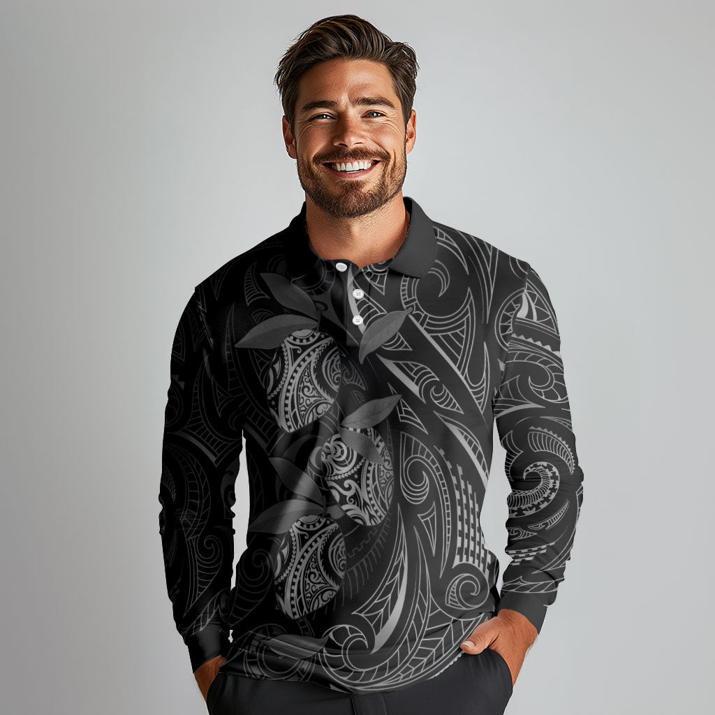 Hawaiian Mango Tribal Tattoo Long Sleeve Polo Shirt Black White Pacific Traditional Pattern