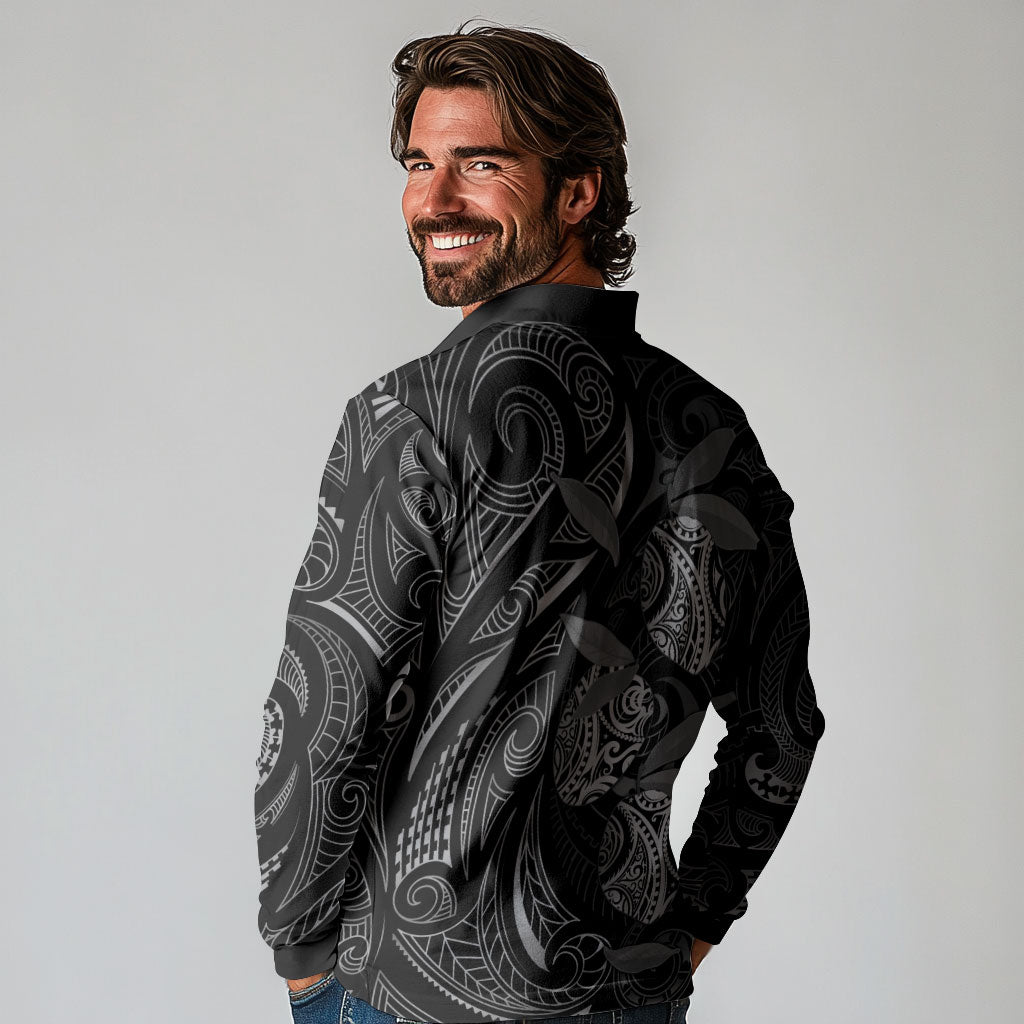 Hawaiian Mango Tribal Tattoo Long Sleeve Polo Shirt Black White Pacific Traditional Pattern