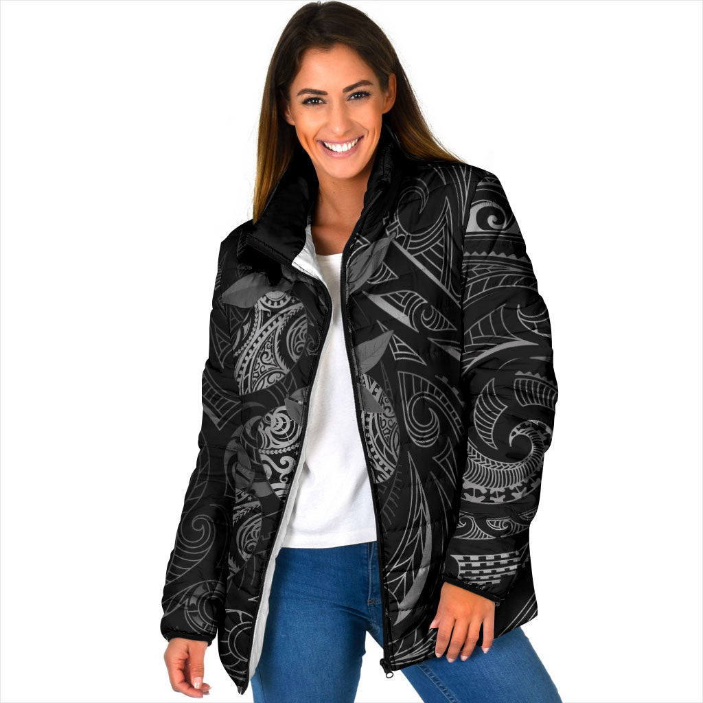 Hawaiian Mango Tribal Tattoo Padded Jacket Black White Pacific Traditional Pattern