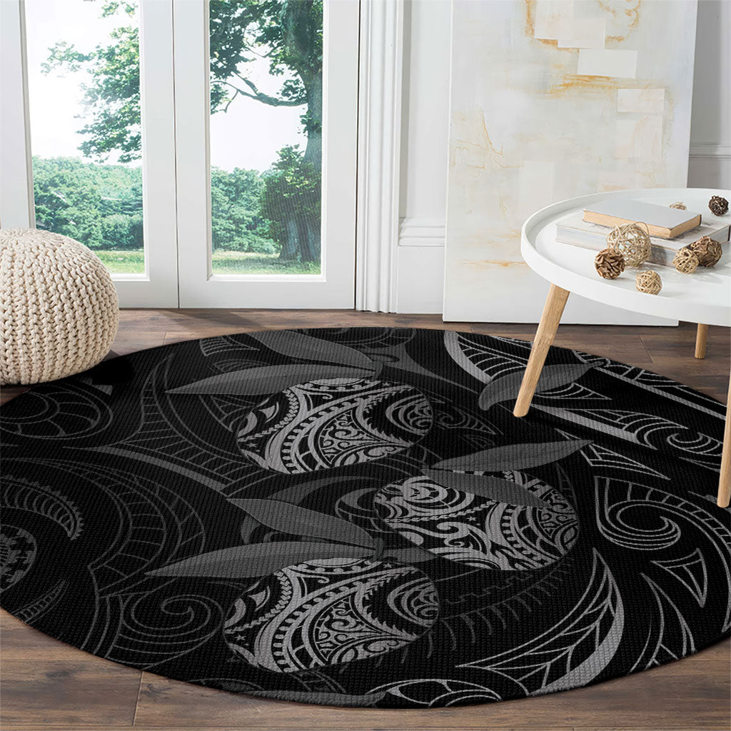 Hawaiian Mango Tribal Tattoo Round Carpet Black White Pacific Traditional Pattern