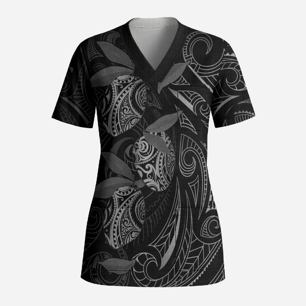 Hawaiian Mango Tribal Tattoo Scrub Top Black White Pacific Traditional Pattern