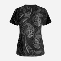 Hawaiian Mango Tribal Tattoo Scrub Top Black White Pacific Traditional Pattern