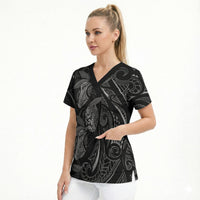 Hawaiian Mango Tribal Tattoo Scrub Top Black White Pacific Traditional Pattern