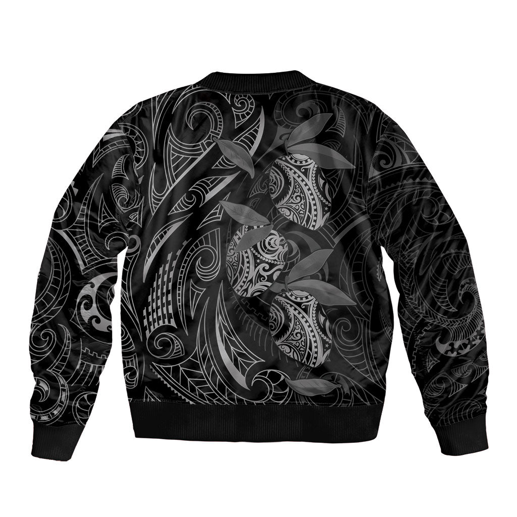 Hawaiian Mango Tribal Tattoo Sleeve Zip Bomber Jacket Black White Pacific Traditional Pattern