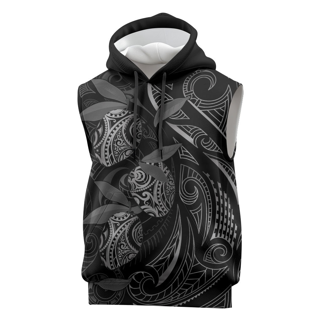 Hawaiian Mango Tribal Tattoo Sleeveless Hoodie Black White Pacific Traditional Pattern