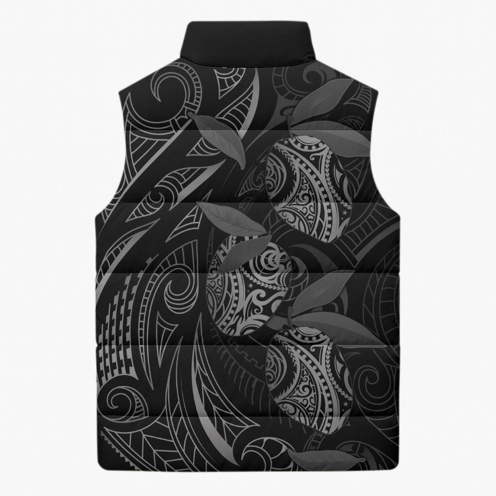 Hawaiian Mango Tribal Tattoo Sleeveless Puffer Jacket Black White Pacific Traditional Pattern
