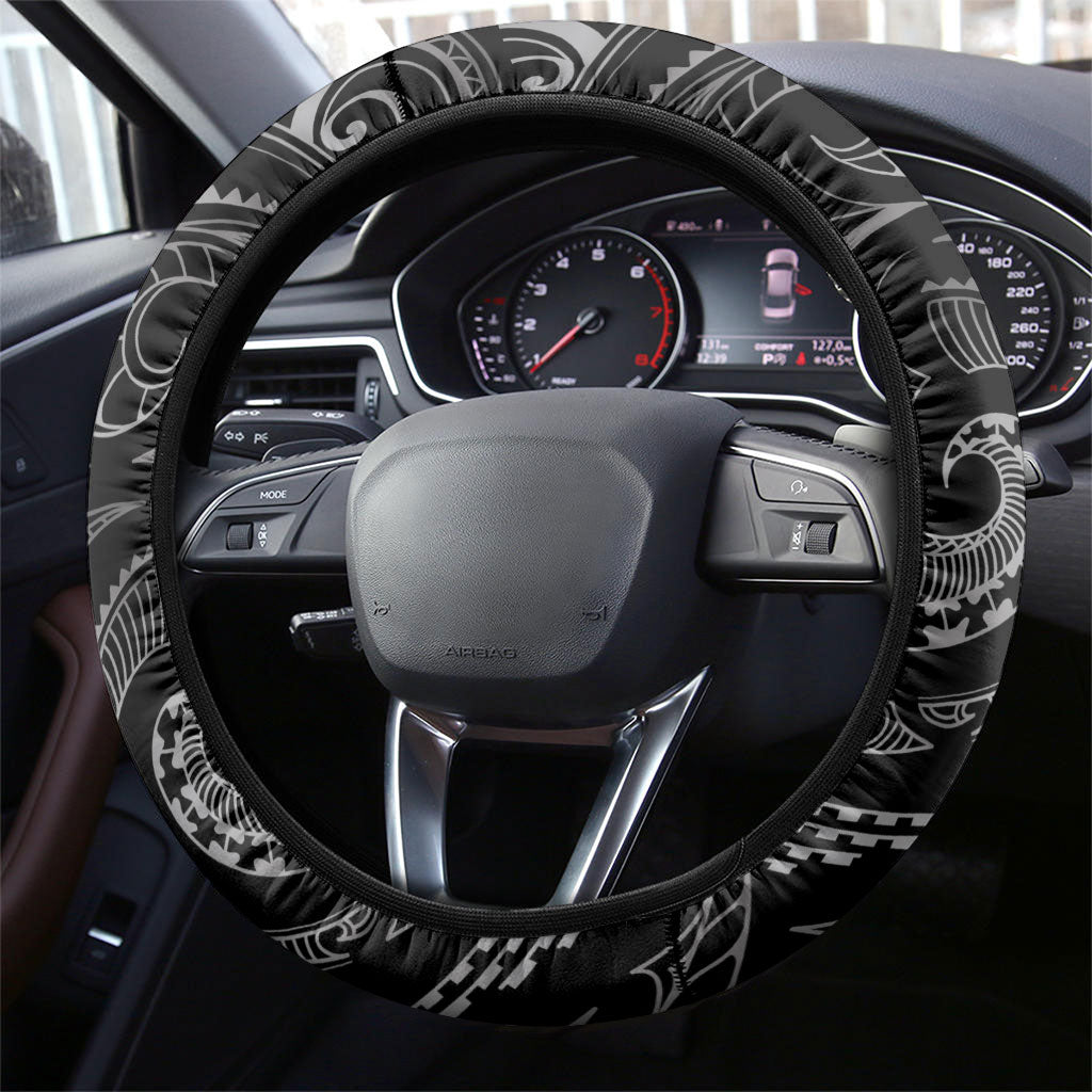 Hawaiian Mango Tribal Tattoo Steering Wheel Cover Black White Pacific Traditional Pattern
