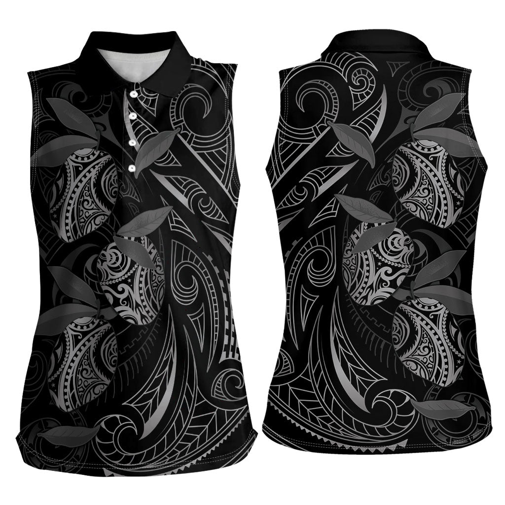 Hawaiian Mango Tribal Tattoo Women Sleeveless Polo Shirt Black White Pacific Traditional Pattern