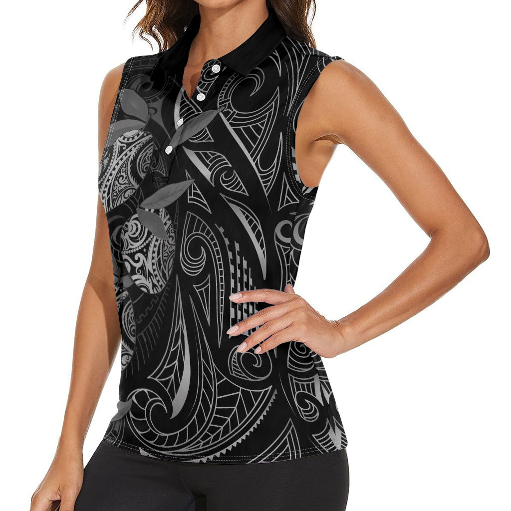 Hawaiian Mango Tribal Tattoo Women Sleeveless Polo Shirt Black White Pacific Traditional Pattern
