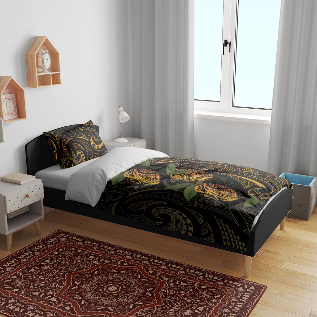 Hawaiian Mango Tribal Tattoo Bedding Set Gold Pacific Traditional Pattern