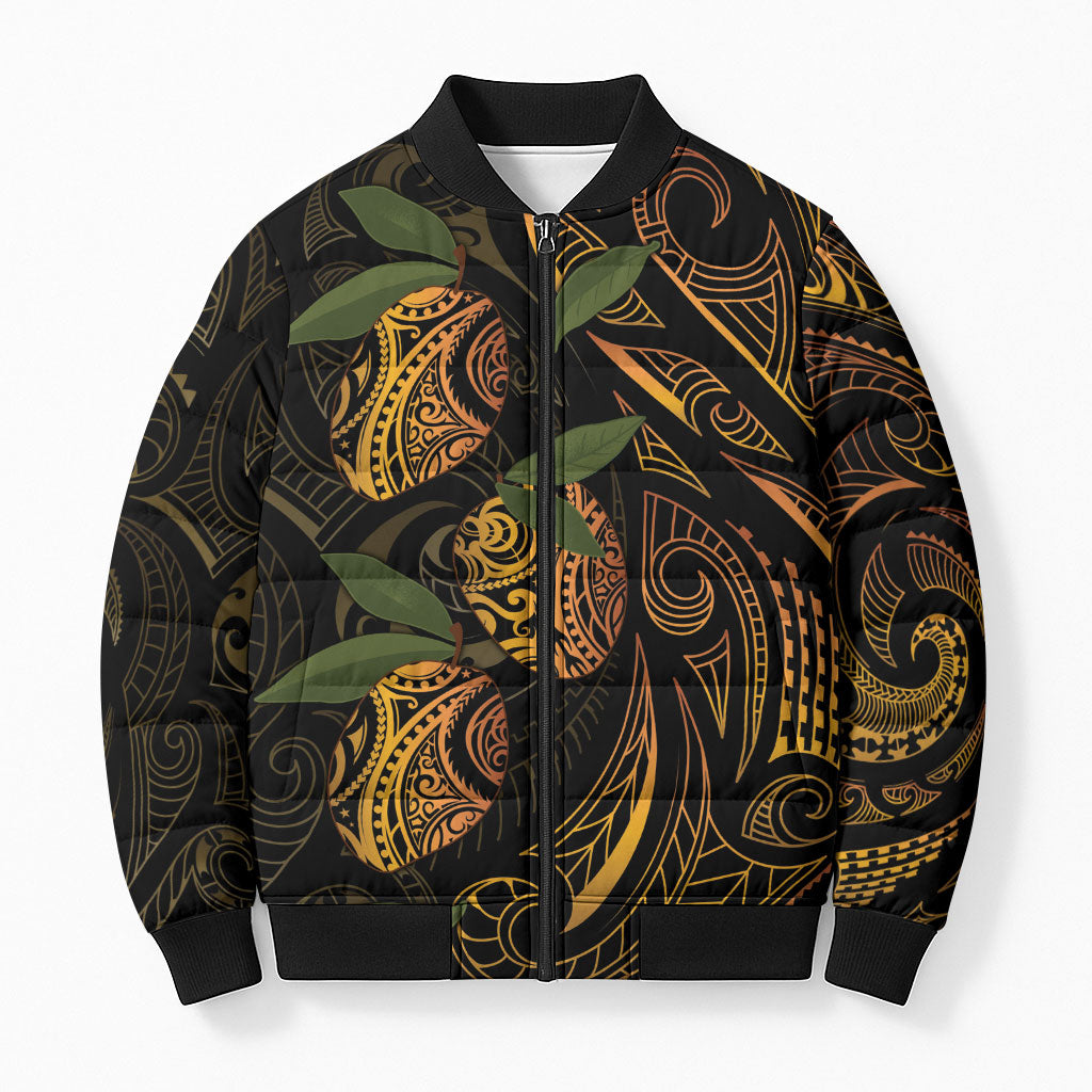 Hawaiian Mango Tribal Tattoo Bomber Puffer Jacket Gold Pacific Traditional Pattern