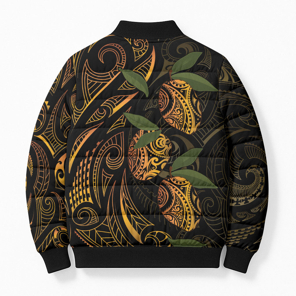Hawaiian Mango Tribal Tattoo Bomber Puffer Jacket Gold Pacific Traditional Pattern
