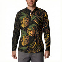 Hawaiian Mango Tribal Tattoo Button Sweatshirt Gold Pacific Traditional Pattern