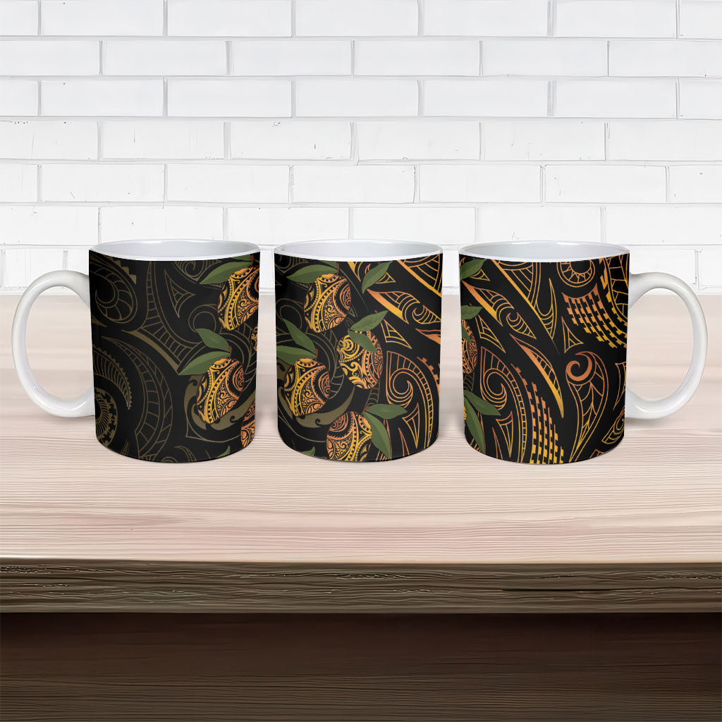 Hawaiian Mango Tribal Tattoo Ceramic Mug Gold Pacific Traditional Pattern
