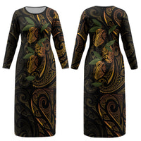 Hawaiian Mango Tribal Tattoo Couples Matching Long Sleeve Bodycon Dress and Long Sleeve Button Shirt Gold Pacific Traditional Pattern