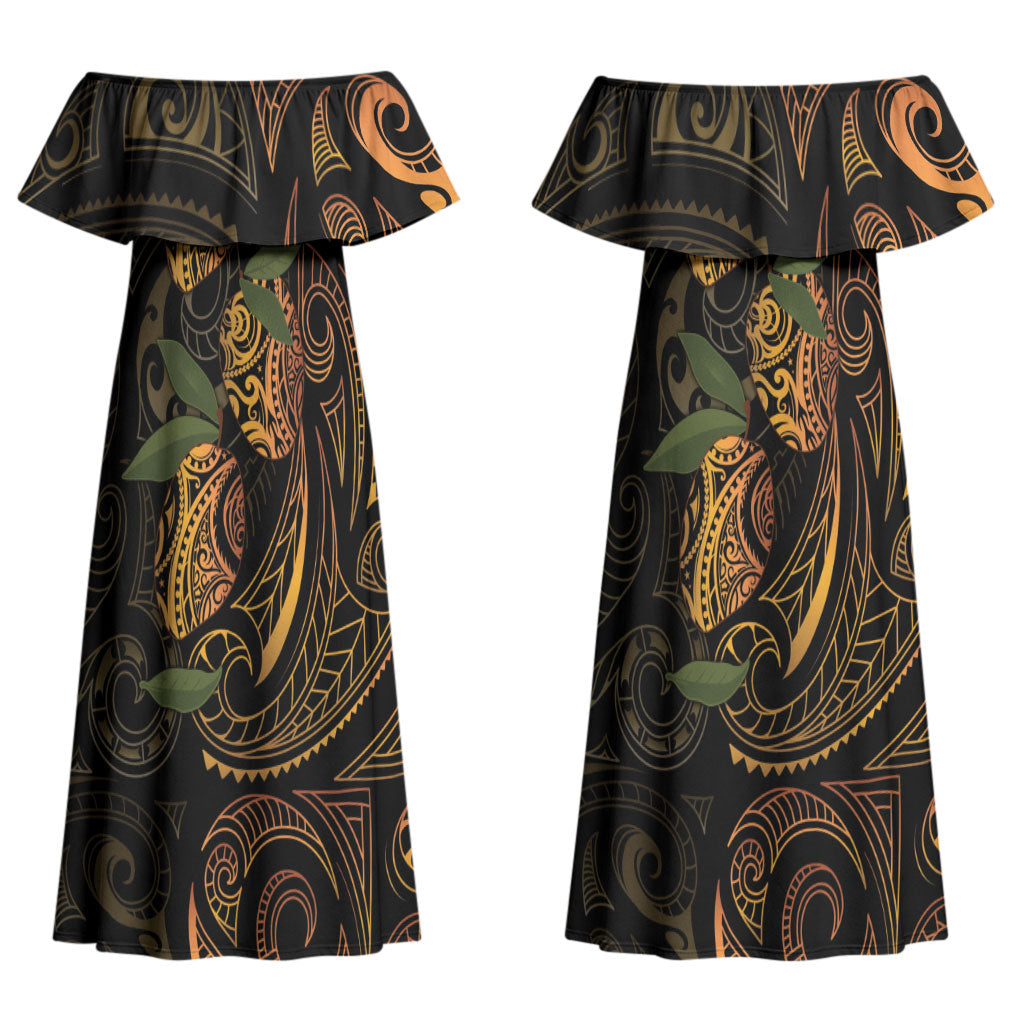 Hawaiian Mango Tribal Tattoo Couples Matching Off Shoulder Maxi Dress and Long Sleeve Button Shirt Gold Pacific Traditional Pattern
