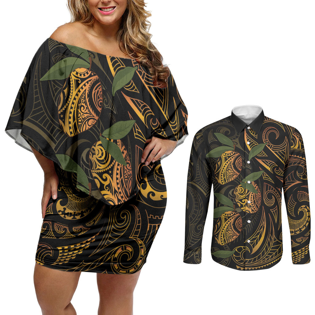 Hawaiian Mango Tribal Tattoo Couples Matching Off Shoulder Short Dress and Long Sleeve Button Shirt Gold Pacific Traditional Pattern
