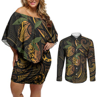 Hawaiian Mango Tribal Tattoo Couples Matching Off Shoulder Short Dress and Long Sleeve Button Shirt Gold Pacific Traditional Pattern