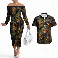 Hawaiian Mango Tribal Tattoo Couples Matching Off The Shoulder Long Sleeve Dress and Hawaiian Shirt Gold Pacific Traditional Pattern