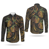 Hawaiian Mango Tribal Tattoo Couples Matching Off The Shoulder Long Sleeve Dress and Long Sleeve Button Shirt Gold Pacific Traditional Pattern
