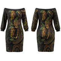 Hawaiian Mango Tribal Tattoo Couples Matching Off The Shoulder Long Sleeve Dress and Long Sleeve Button Shirt Gold Pacific Traditional Pattern