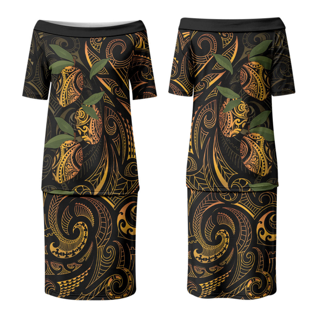 Hawaiian Mango Tribal Tattoo Couples Matching Puletasi and Long Sleeve Button Shirt Gold Pacific Traditional Pattern