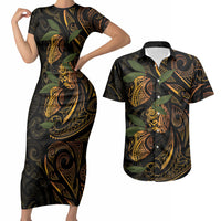 Hawaiian Mango Tribal Tattoo Couples Matching Short Sleeve Bodycon Dress and Hawaiian Shirt Gold Pacific Traditional Pattern