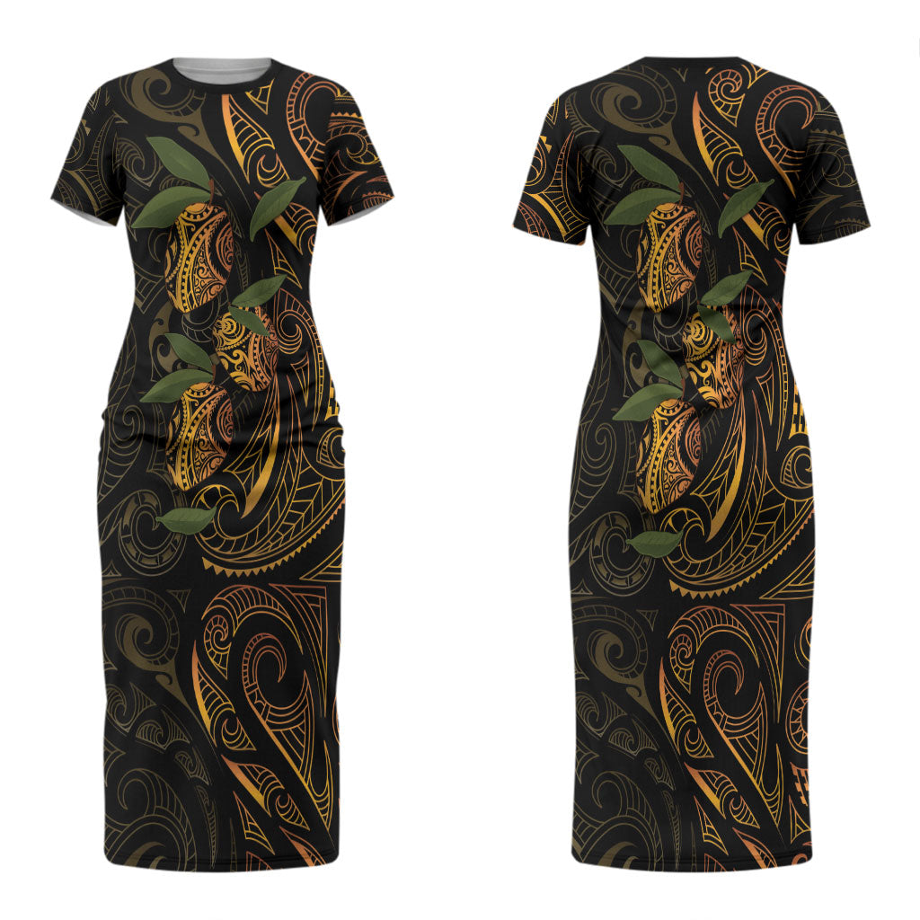 Hawaiian Mango Tribal Tattoo Couples Matching Short Sleeve Bodycon Dress and Hawaiian Shirt Gold Pacific Traditional Pattern
