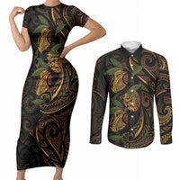 Hawaiian Mango Tribal Tattoo Couples Matching Short Sleeve Bodycon Dress and Long Sleeve Button Shirt Gold Pacific Traditional Pattern